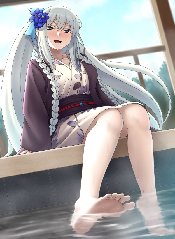 1girl black_kimono blue_eyes bow braid breasts chuppa_(katotsuba) fate/grand_order fate_(series) flower grey_hair hair_bow hair_flower hair_ornament japanese_clothes kimono large_breasts long_hair long_sleeves looking_at_viewer morgan_le_fay_(fate) morgan_le_fay_(fgo_fes._2023)_(fate) onsen open_mouth ponytail sidelocks smile solo thighs very_long_hair white_kimono wide_sleeves