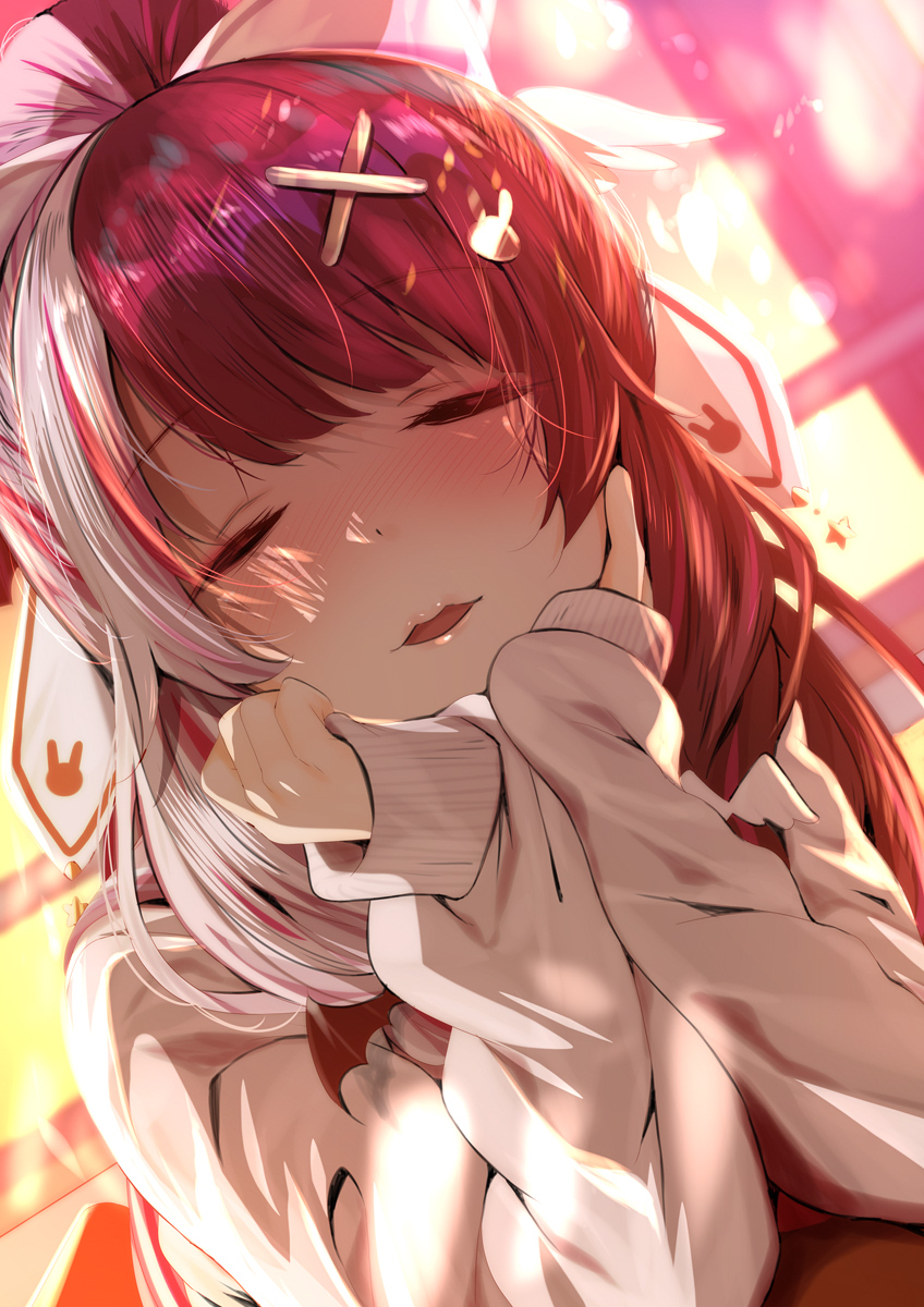 1girl bad_id bad_twitter_id blush closed_eyes commentary day facing_viewer fumihiko_(fu_mihi_ko) hair_ornament hairpin hands_on_own_cheeks hands_on_own_face highres long_hair long_sleeves multicolored_hair nijisanji open_mouth ponytail red_hair sleeves_past_wrists solo split-color_hair sweater virtual_youtuber white_hair white_sweater yorumi_rena yorumi_rena_(9th_costume)