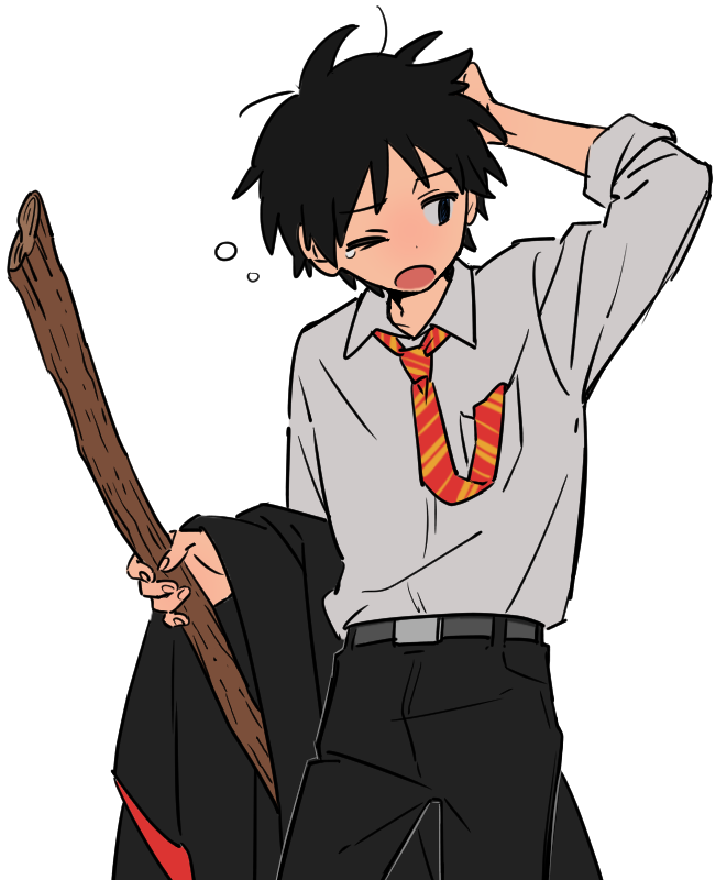 1boy belt black_eyes black_hair broom cloak collared_shirt gryffindor hand_on_own_head harry_potter_(series) hogwarts_school_uniform holding holding_broom long_sleeves looking_to_the_side male_focus necktie one_eye_closed pants school_uniform shirt shirt_tucked_in short_hair solo south_park squeans stan_marsh striped_necktie tearing_up ten_(lu2948d) unworn_cloak wizarding_world