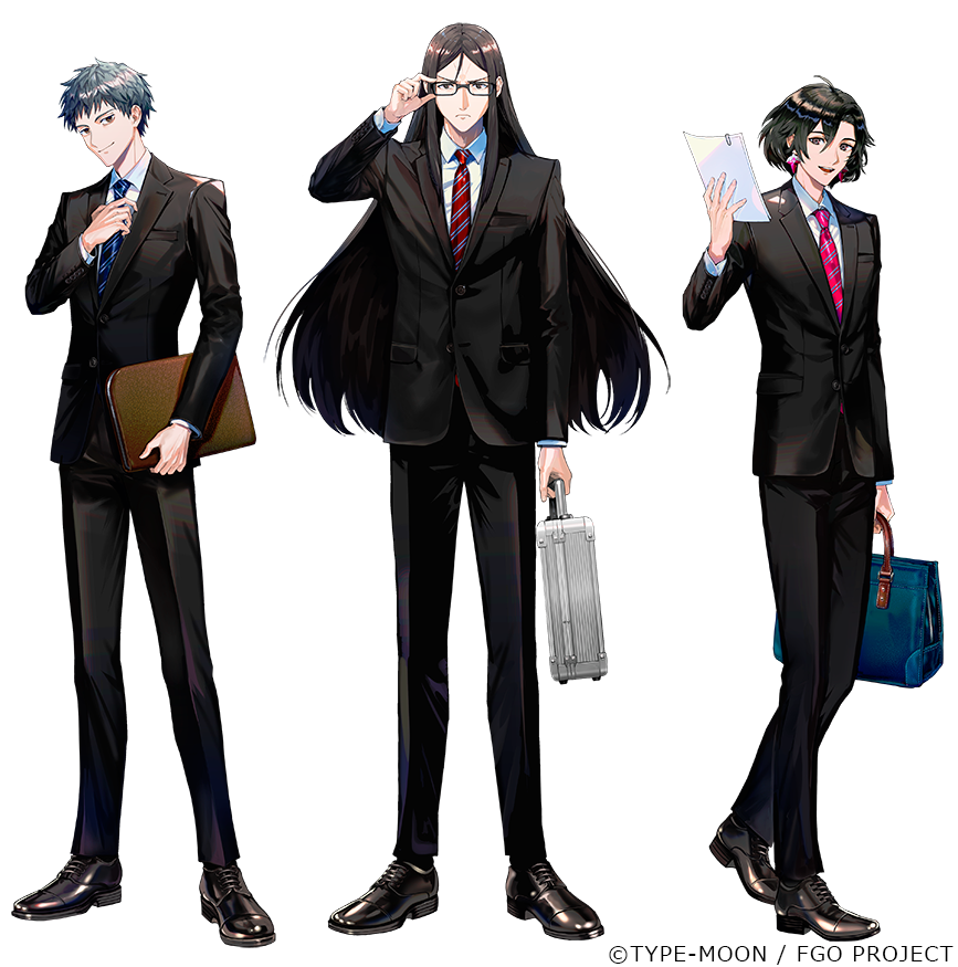 3boys adjusting_eyewear bag black_eyes black_hair black_jacket black_pants black_shoes black_suit briefcase business_suit collared_shirt constantine_xi_(fate) copyright_name copyright_notice diagonal-striped_clothes diagonal-striped_necktie fate/grand_order fate_(series) formal_clothes full_body glasses grey_hair holding holding_bag holding_briefcase holding_paper jacket long_hair looking_at_viewer lord_el-melloi_ii male_focus multiple_boys necktie official_art pants paper promotional_art saitou_hajime_(fate) shirt shoes short_hair smile standing striped_clothes suit suit_jacket waver_velvet white_shirt yuuichi_(bobobo)