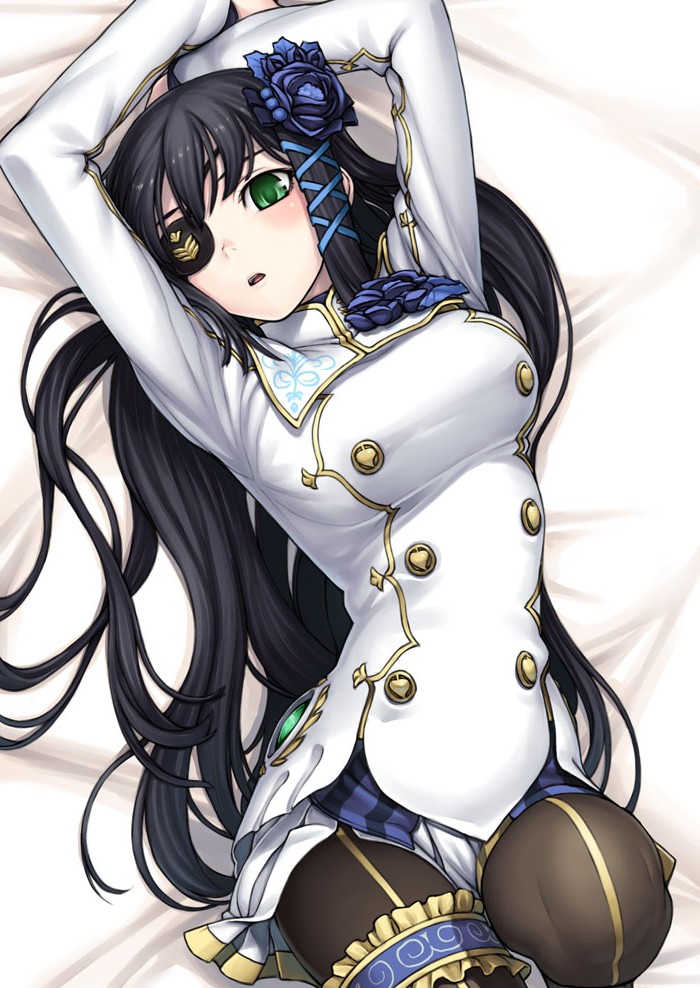1girl black_hair blush breasts dress eyepatch female_focus flower frills green_eyes hair_flower hair_ornament large_breasts legband long_hair lying nagisa_(phantasy_star) on_back pantyhose phantasy_star phantasy_star_portable_2 phantasy_star_portable_2_infinity solo tanaka_shoutarou uniform