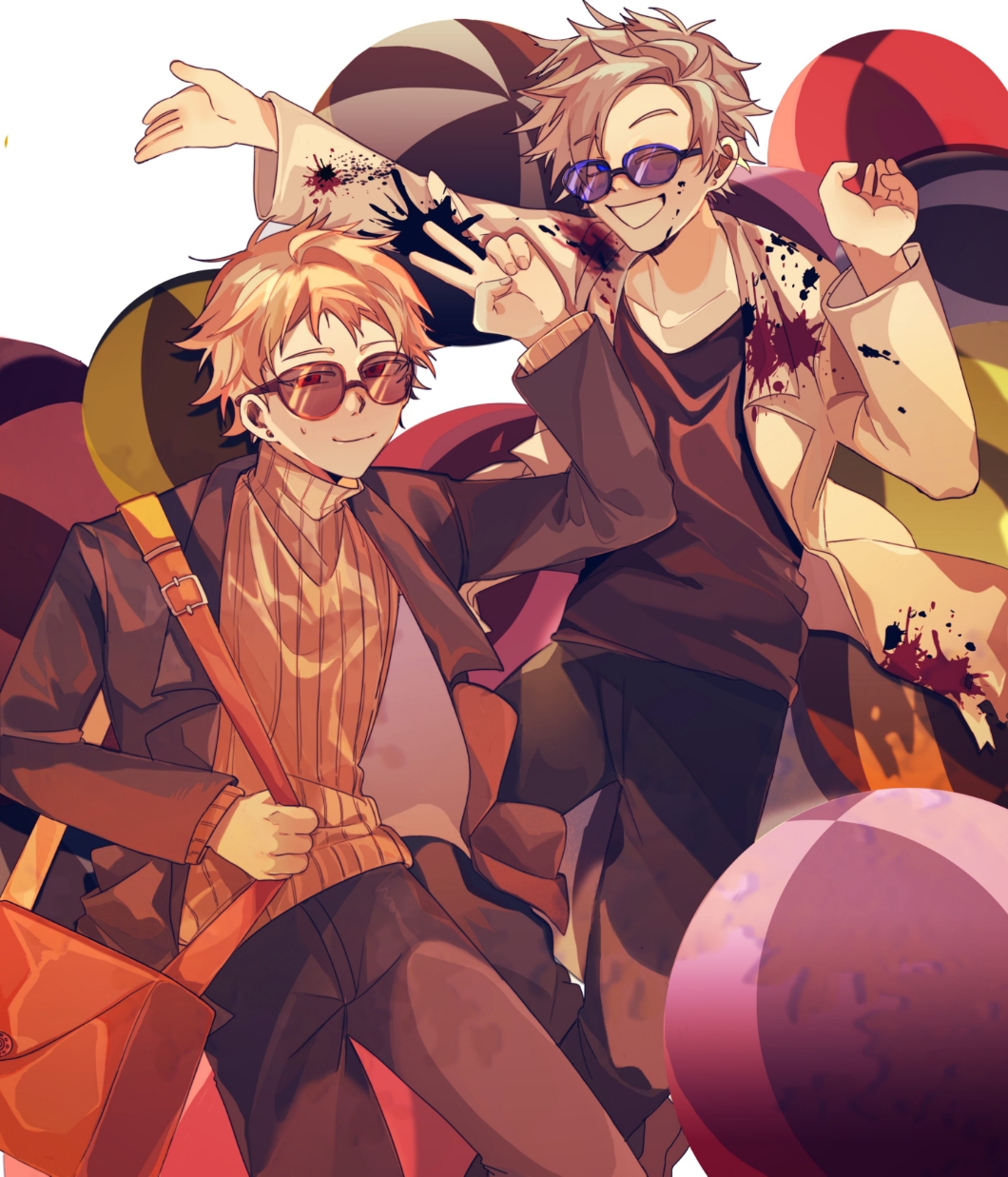 2boys arm_up atou_haruki bag ball beachball black_jacket black_pants black_shirt blonde_hair blood blood_on_clothes brown_sweater chinese_commentary closed_eyes commentary_request grey_hair grin highres jacket kanou_aogu lab_coat lemijiang long_sleeves male_focus multiple_boys open_clothes open_jacket orange_bag pants red_eyes ribbed_sweater saibou_shinkyoku shirt short_hair shoulder_bag smile stained_clothes sunglasses sweater turtleneck turtleneck_sweater v white_background