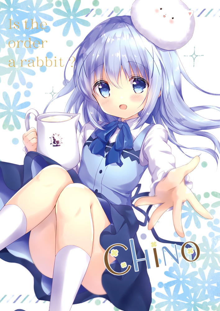 1girl amedamacon angora_rabbit animal animal_on_head blue_bow blue_eyes blue_hair blue_skirt blue_vest blush bow character_name commentary_request copyright_name gochuumon_wa_usagi_desu_ka? hair_between_eyes hair_ornament holding holding_jug jug_(bottle) kafuu_chino kneehighs knees_up long_hair looking_at_viewer milk on_head outstretched_arm rabbit rabbit_house_uniform skirt socks sparkle tippy_(gochiusa) vest waitress white_socks x_hair_ornament