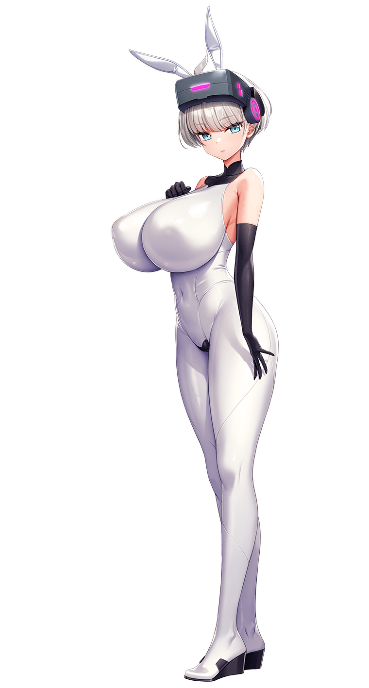 animal_ears antenna_hair blue_eyes bodysuit breasts cleavage closed_mouth covered_navel derauea elbow_gloves fake_animal_ears gloves hand_on_own_chest head-mounted_display high_heels highres huge_breasts impossible_bodysuit impossible_clothes looking_at_viewer miinya_prenavas8102 motto!_haramase!_honoo_no_oppai_isekai_oppai_bunny_gakuen! official_art rabbit_ears short_hair spy white_bodysuit white_hair