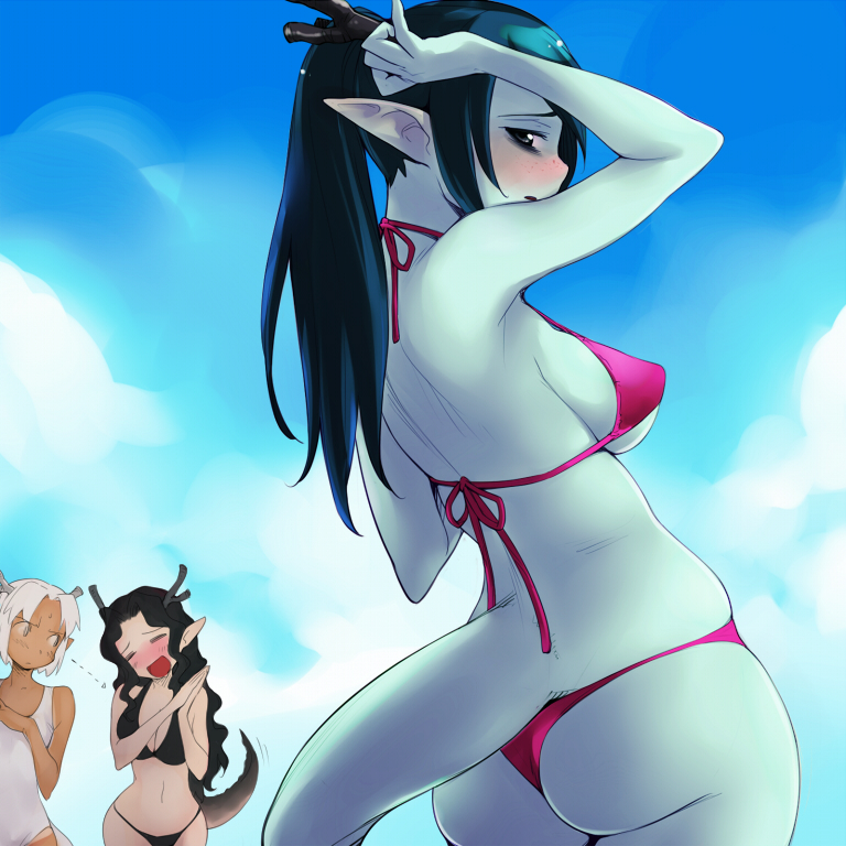 3girls ass back bikini black_bikini black_hair blue_hair blue_skin blush breast_envy breasts colored_skin day dragon_girl dragon_horns dragon_tail four_holy_beasts freckles futaba_channel hakuryuu horns kokuryuu large_breasts line_of_sight long_hair looking_back monster_girl muffin_top multiple_girls nijiura_maids one-piece_swimsuit pointy_ears ponytail school_swimsuit seiryuu_(nijiura_maids) sight_arrow skindentation small_breasts swimsuit tail thong_bikini underboob white_hair white_one-piece_swimsuit white_school_swimsuit yurikawa
