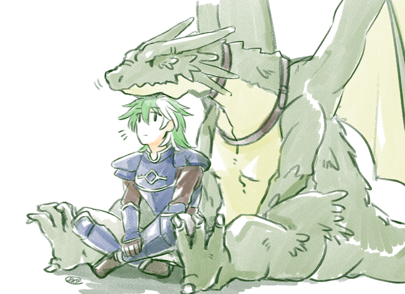 1boy arm_guards armor batoson54 blue_armor breastplate closed_mouth commentary_request creature dragon fire_emblem fire_emblem:_the_blazing_blade gloves green_eyes green_hair heath_(fire_emblem) indian_style male_focus multicolored_hair nintendo no_nose on_floor shin_guards signature simple_background sitting two-tone_hair white_background white_hair wyvern