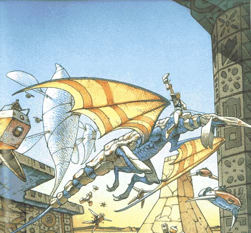 1boy dragon flying goggles goggles_on_head gun handgun keil_fluge moebius official_art panzer_dragoon sega weapon wings