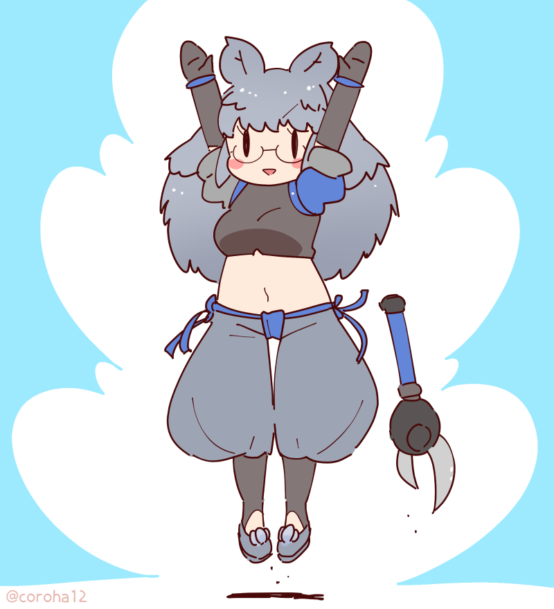 1girl animal_ears armor arms_up black_rhinoceros_(kemono_friends) coroha elbow_gloves extra_ears full_body glasses gloves grey_hair jumping kemono_friends long_hair looking_at_viewer navel pants rhinoceros_ears rhinoceros_girl shirt shoes shoulder_armor simple_background solo weapon