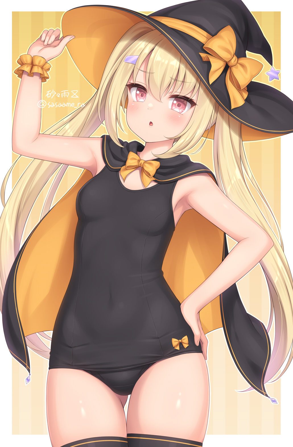 1girl :o artist_name black_cape black_hat black_one-piece_swimsuit black_thighhighs blonde_hair bow breasts cape commentary_request cowboy_shot gluteal_fold hand_on_own_hip hat hat_bow highres long_hair looking_at_viewer old_school_swimsuit one-piece_swimsuit open_mouth orange_bow orange_cape original petite red_eyes sasaame school_swimsuit small_breasts solo swimsuit thighhighs twintails twitter_username two-sided_cape two-sided_fabric witch_hat