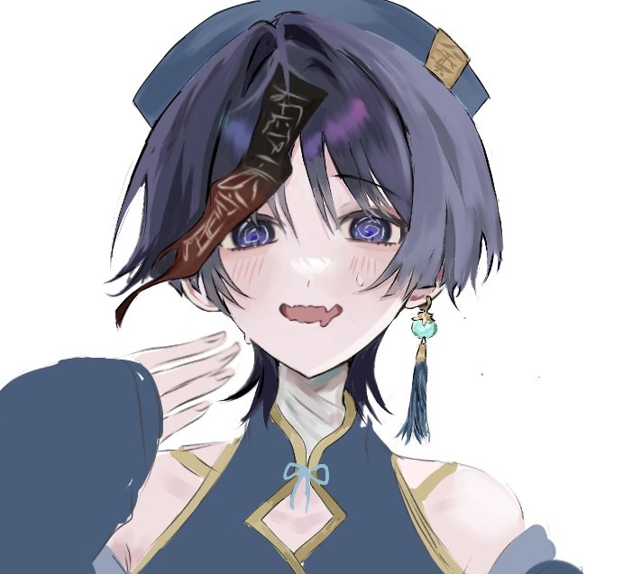 1boy @_@ alternate_costume aqua_hat blunt_ends blush chinese_clothes cleavage_cutout clothing_cutout fingernails genshin_impact hair_intakes hand_up hat jiangshi_costume looking_at_viewer male_focus ofuda ofuda_on_head open_mouth portrait purple_eyes qingdai_guanmao scaramouche_(genshin_impact) sleeves_past_wrists solo straight-on sweat t112 talisman wavy_mouth white_background wispy_bangs