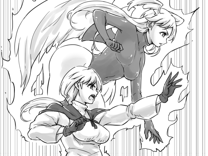 alma_beoulve angel_wings breasts commentary_request final_fantasy final_fantasy_tactics gloves greyscale head_wings large_breasts leotard long_hair monochrome multiple_girls spoilers stand_(jojo) takomeshi ultima_(fft) wings