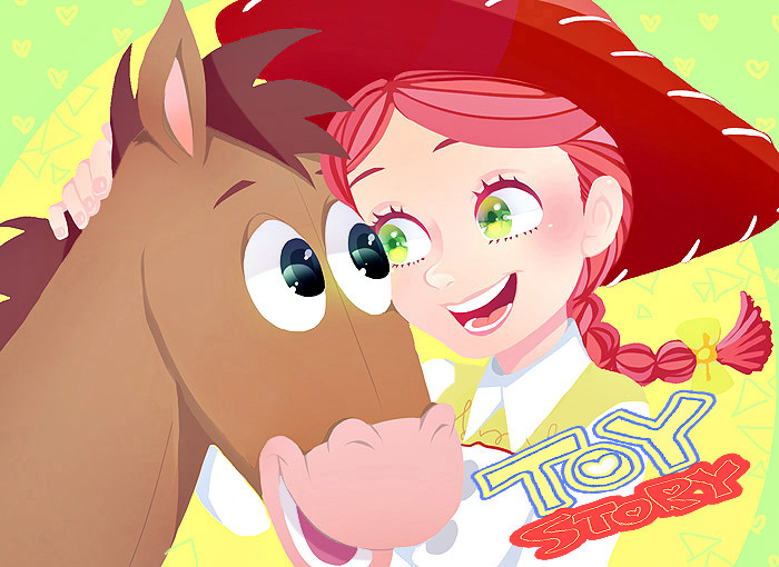 1girl bad_id bad_pixiv_id braid bullseye bullseye_(toy_story) copyright_name cowboy_hat cowgirl_(western) disney friends green_eyes hat horse jessie_the_yodeling_cowgirl pixar red_hair single_braid smile toy_story yokotn