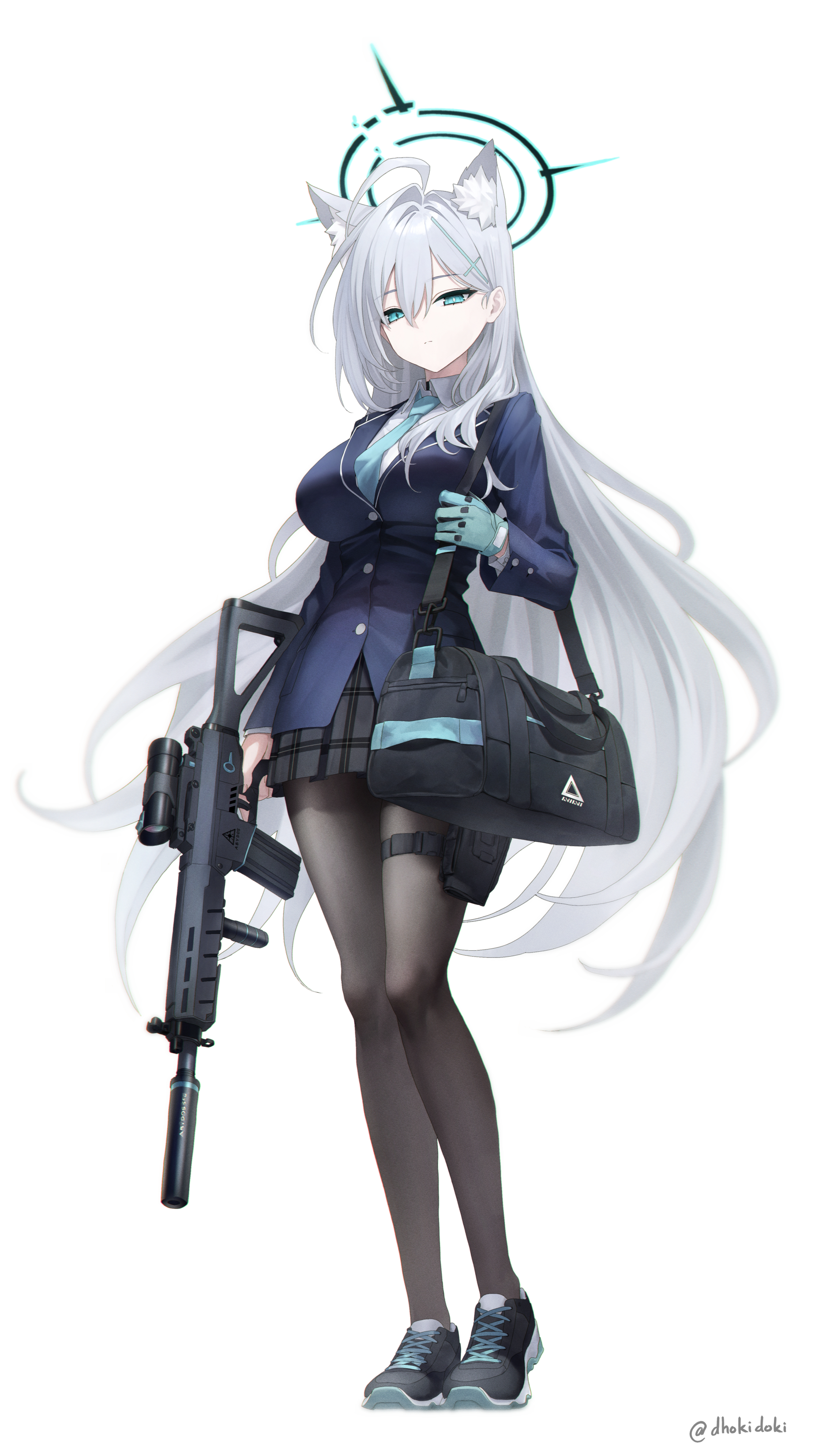 1girl absurdres alternate_costume animal_ears assault_rifle black_pantyhose black_skirt blue_archive blue_eyes blue_gloves blue_jacket blue_necktie breasts cosplay dhokidoki fox_ears gloves gun highres jacket large_breasts long_hair necktie pantyhose plaid_clothes plaid_skirt pouch rifle shiroko_(blue_archive) shiroko_(blue_archive)_(cosplay) shiroko_terror_(blue_archive) shirt sig_516 simple_background skirt solo thigh_pouch very_long_hair weapon white_background white_hair white_shirt