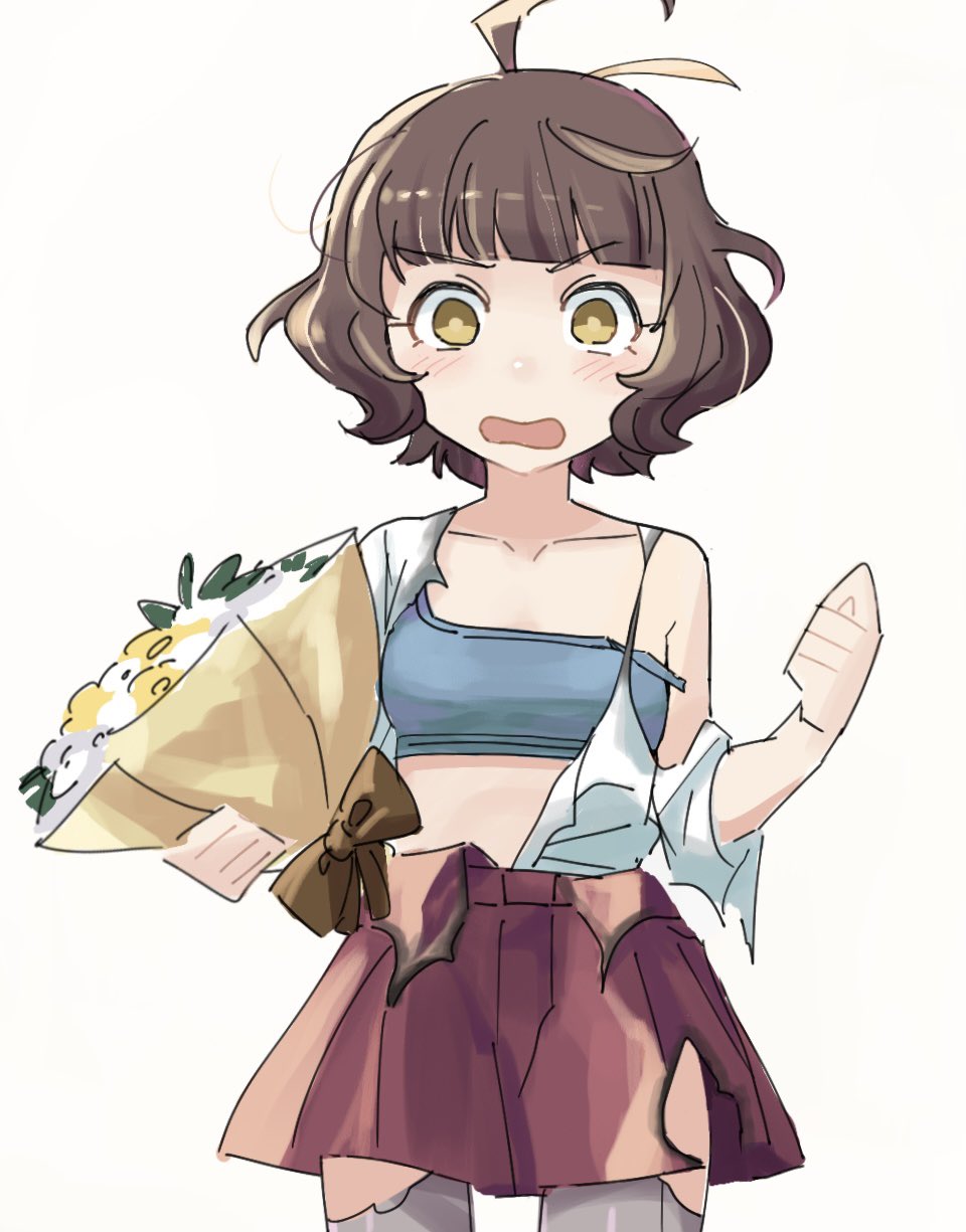 1girl ahoge blunt_bangs bouquet bra brown_eyes brown_hair commentary_request dress facing_viewer flower grey_bra grey_pantyhose highres kantai_collection kishinami_(kancolle) long_sleeves mizoki_kei pantyhose pleated_dress red_dress school_uniform shirt short_hair simple_background solo sports_bra torn_clothes underwear wavy_hair white_background white_shirt