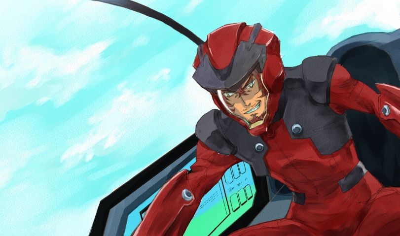 00s 1boy ali_al-saachez bad_id bad_pixiv_id beard bodysuit brown_hair facial_hair gradient_background grin gundam gundam_00 male_focus neon_genesis_evangelion rebuild_of_evangelion smile solo