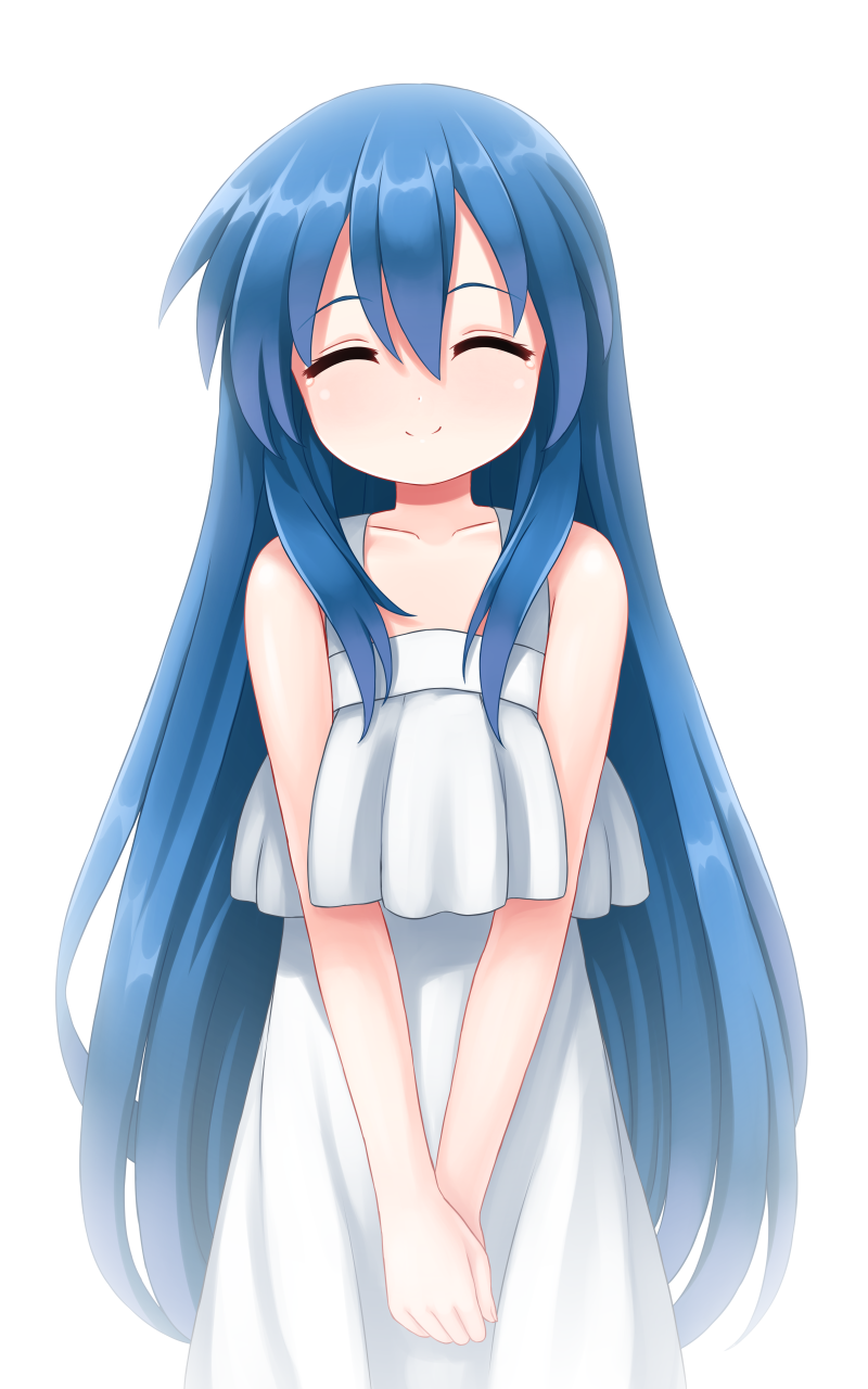 1girl ^_^ aposine blue_hair closed_eyes collarbone commentary cowboy_shot dress english_commentary female_focus flat_chest hair_between_eyes head_tilt highres izumi_kanata long_hair lucky_star own_hands_together simple_background sleeveless sleeveless_dress smile solo standing very_long_hair white_background white_dress