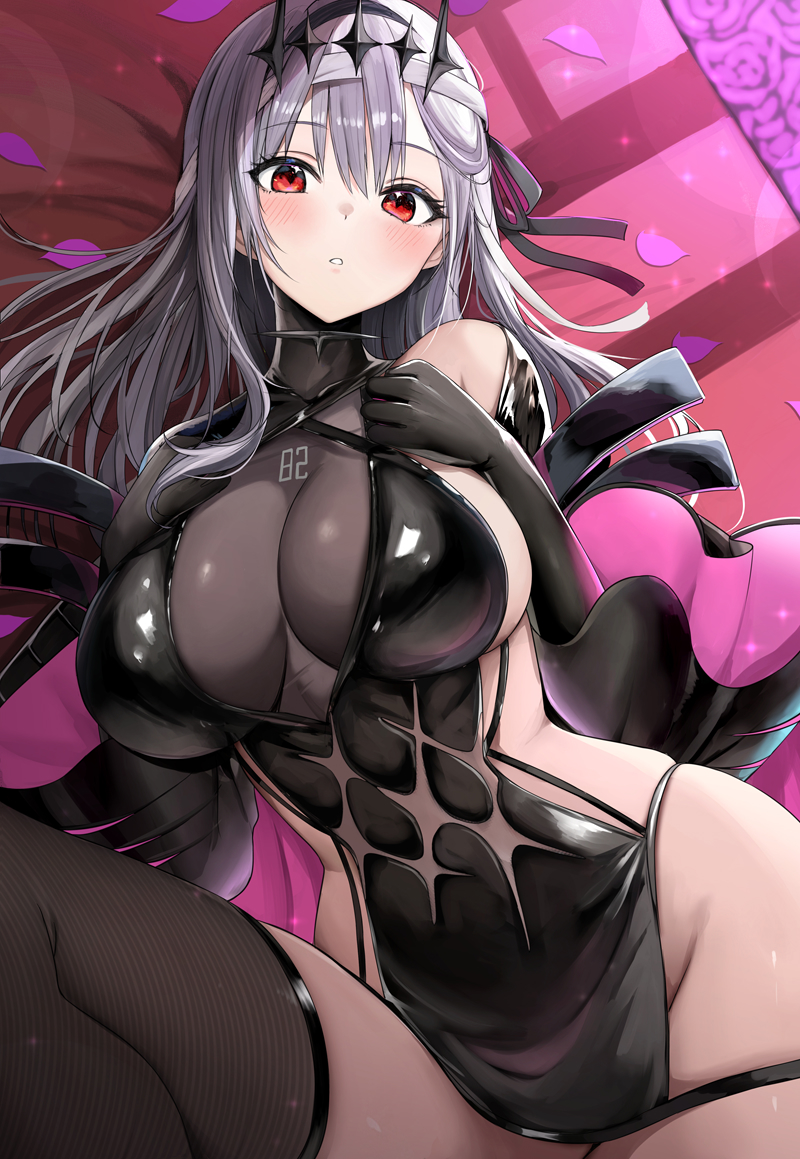 1girl bandages black_gloves black_thighhighs blush breasts elbow_gloves gloves goddess_of_victory:_nikke grey_hair large_breasts long_hair looking_at_viewer luse_maonang lying modernia_(nikke) modernia_(second_affection)_(nikke) official_alternate_costume on_back parted_lips red_eyes sideboob solo thighhighs thighs