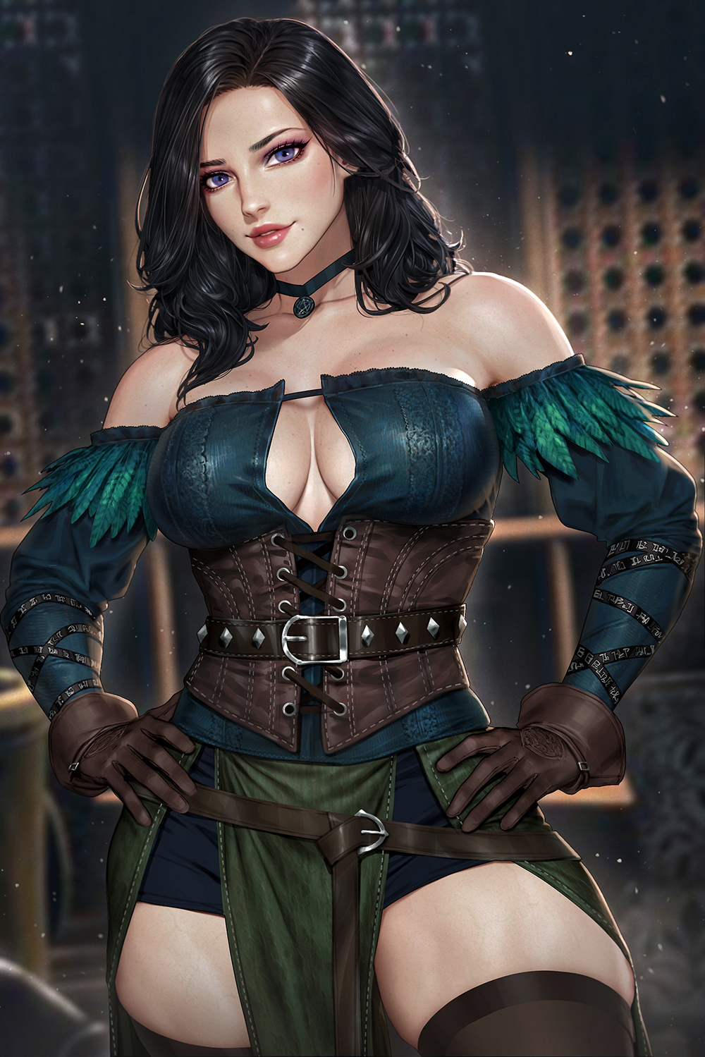 1girl aqua_feathers belt black_hair breasts brown_belt brown_corset brown_gloves collarbone corset feathers gloves hands_on_own_hips highres lips mole mole_under_mouth neoartcore off_shoulder paid_reward_available pelvic_curtain purple_eyes solo the_witcher_(series) thighhighs thighs yennefer_of_vengerberg