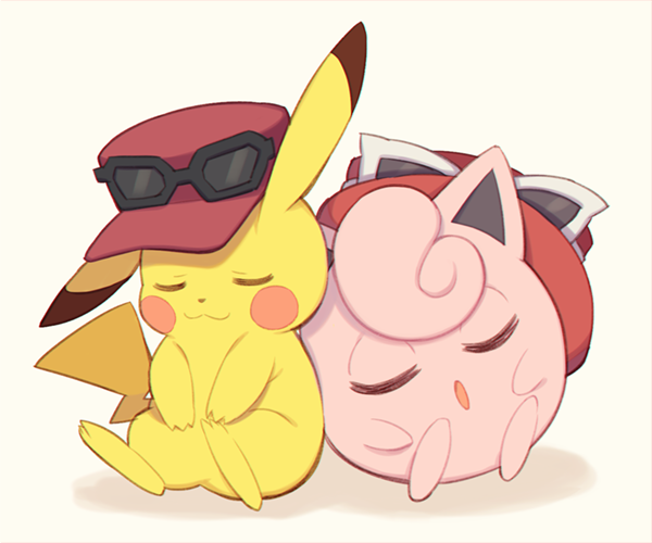 black-framed_eyewear blush_stickers closed_eyes clothed_pokemon eyewear_on_headwear gen_1_pokemon hat jigglypuff nintendo no_humans open_mouth pikachu pokemon pokemon_(creature) red_hat simple_background sleeping sunglasses tinted_eyewear white-framed_eyewear white_background wusagi2