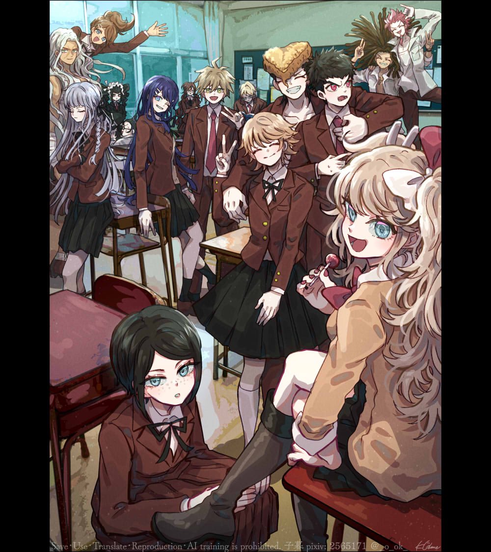 6+boys 6+girls :d asahina_aoi beard black_hair black_ribbon blonde_hair blue_eyes blue_hair boots brown_boots brown_hair brown_jacket brown_skirt celestia_ludenberg chair classroom collarbone collared_shirt d: danganronpa_(series) danganronpa_3_(anime) desk enoshima_junko facial_hair facing_viewer food fujisaki_chihiro fukawa_toko grin hagakure_yasuhiro hair_ornament hair_ribbon hairclip hand_up holding holding_food hope&#039;s_peak_academy_school_uniform ikusaba_mukuro ishimaru_kiyotaka jacket kirigiri_kyoko knee_boots kuwata_leon maizono_sayaka miniskirt monokuma multicolored_hair multiple_boys multiple_girls naegi_makoto o_ok ogami_sakura open_mouth owada_mondo pleated_skirt red_hair ribbon school_desk school_uniform shirt short_hair skirt smile standing teeth togami_byakuya two-tone_hair v yamada_hifumi