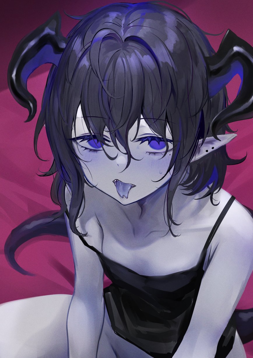 1girl black_camisole black_hair blue_tongue blush bottomless camisole collarbone colored_skin colored_tongue commentary demon_girl empty_eyes forked_tongue grey_skin hair_between_eyes highres horns kai_(esugi) looking_at_viewer messy_hair mole mole_under_eye multicolored_hair open_mouth original pointy_ears purple_eyes sharp_teeth sitting solo strap_slip tail teeth tongue tongue_out