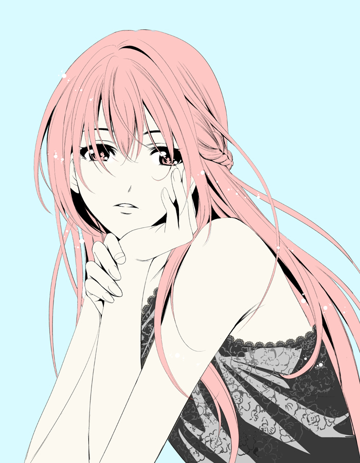 1girl aqua_background bare_arms braid commentary elbow_rest flat_color floral_print_shirt from_side grey_shirt half_up_braid hand_on_own_face hand_on_own_wrist lace lace-trimmed_shirt lace_trim limited_palette long_hair long_sidelocks looking_afar looking_ahead makuzawa_ouka megami_no_cafe_terrace official_art parted_lips portrait red_eyes red_hair seo_kouji shirt sidelocks simple_background sleeveless sleeveless_shirt solo