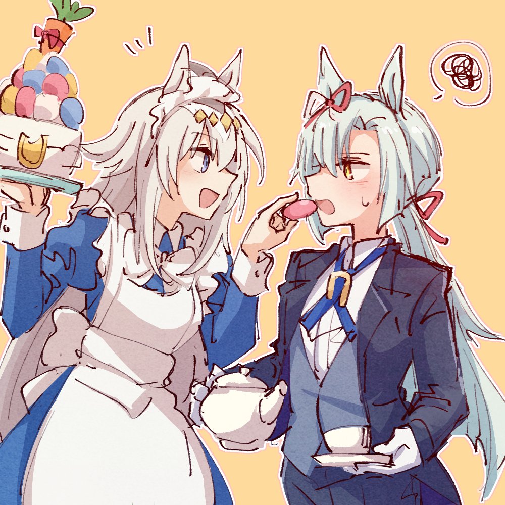 2girls :d alonemistrist alternate_costume animal_ears apron back_bow black_jacket black_pants blue_cross_tie blue_dress blue_eyes bow butler cake carrot collared_dress collared_shirt commentary cowboy_shot cross_tie diamond_hair_ornament dress dress_shirt enmaided feeding female_butler food fujimasa_march_(umamusume) gloves grey_hair hair_between_eyes hair_ribbon hands_up holding holding_cake holding_food holding_saucer holding_teapot horse_ears horse_girl horseshoe_ornament jacket lapels light_blush long_hair looking_at_another low_ponytail maid maid_apron maid_headdress multiple_girls notched_lapels notice_lines oguri_cap_(umamusume) open_mouth outline pants parted_bangs ponytail profile red_ribbon ribbon saucer shirt side-by-side sideways_mouth simple_background smile spoken_squiggle squiggle suit_jacket sweatdrop symbol-only_commentary teapot tuxedo umamusume umamusume:_cinderella_gray very_long_hair vest waistcoat white_apron white_bow white_gloves white_headdress white_outline white_shirt white_sleeve_cuffs yellow_background yellow_eyes