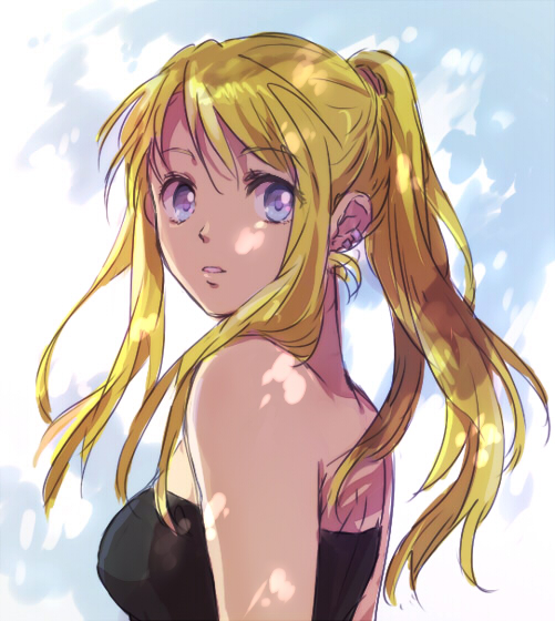1girl arms_at_sides back bare_arms bare_back bare_shoulders black_tube_top blonde_hair blue_eyes breasts close-up dappled_sunlight eyes_visible_through_hair female_focus from_behind fullmetal_alchemist long_hair looking_at_viewer looking_back medium_breasts open_mouth parted_lips piercing ponytail riru shade sidelocks solo strapless sunlight swept_bangs tube_top upper_body winry_rockbell