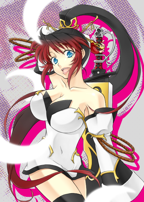 1girl :d arm_up banpresto bare_shoulders black_hair blue_eyes breasts cleavage collarbone covered_navel detached_sleeves dress female_focus fingerless_gloves gloves grey_hair hair_ornament happy japanese_clothes large_breasts long_hair mizuki_kaya multicolored_hair nanbu_kaguya neck open_mouth ponytail red_hair short_dress smile solo standing strapless strapless_dress super_robot_wars super_robot_wars_og_saga_mugen_no_frontier sword weapon white_detached_sleeves white_dress wl_valsion