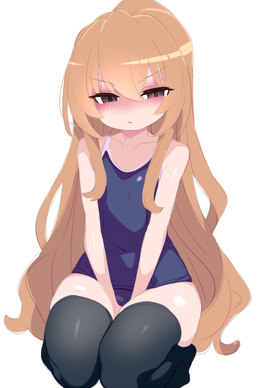 1girl aisaka_taiga black_thighhighs blue_one-piece_swimsuit blush brown_eyes brown_hair competition_school_swimsuit flat_chest highres kukuchi581 long_hair looking_at_viewer nose_blush one-piece_swimsuit school_swimsuit seiza simple_background sitting solo swimsuit thighhighs toradora! white_background