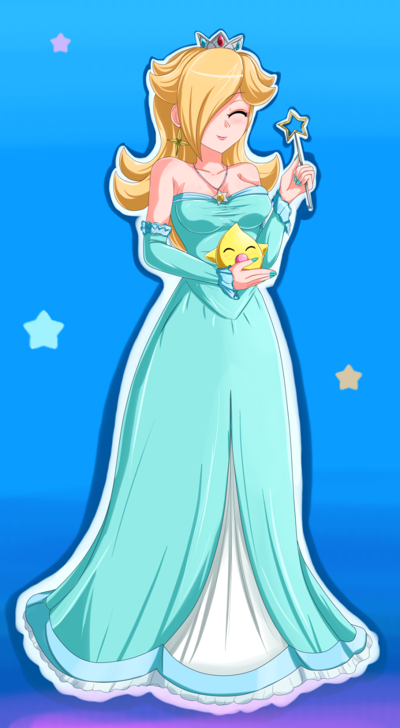 1girl bare_shoulders blonde_hair blue_background blush breasts closed_eyes crown dress earrings elbow_gloves female_focus gloves gradient_background hair_over_one_eye highres jewelry large_breasts long_hair luma_(mario) mario_(series) nail_polish nintendo rosalina sigurd_hosenfeld smile solo star_(symbol) super_mario_bros._1 super_mario_galaxy wand
