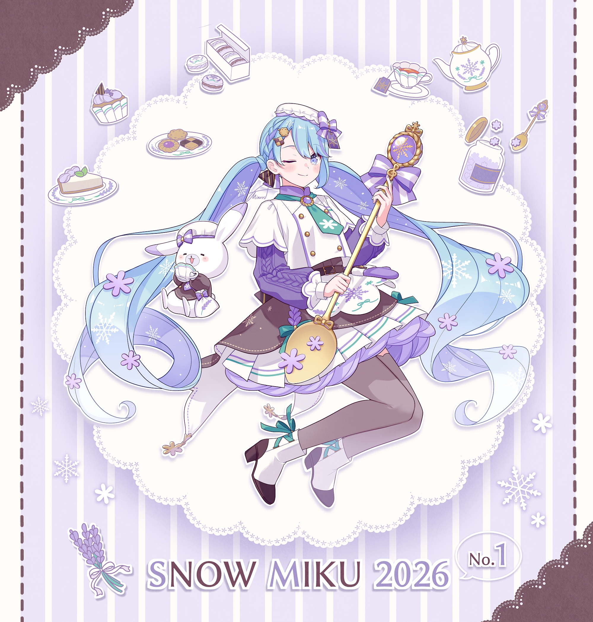 1girl animal ankle_boots apron asagao_minoru blue_eyes blush boots border bow box braid brooch buttons character_name checkerboard_cookie cheesecake closed_eyes commentary_request cookie cup cupcake doily double-breasted drop_shadow english_text floral_print flower food footwear_ribbon full_body green_necktie green_ribbon grey_thighhighs hair_ornament hairpin hat hat_bow hatsune_miku high_heel_boots high_heels highres holding holding_cup holding_spoon jewelry jumping lace lace_border lavender_(flower) layered_skirt long_hair long_sleeves low_twintails macaron mint multicolored_hair multiple_hairpins necktie one_eye_closed ornate_border oversized_spoon partial_commentary plate pleated_skirt rabbit rabbit_yukine ribbon signature skirt snowflake_print solo spoon striped_background striped_bow tea teabag teacup teapot thighhighs thumbprint_cookie twintails very_long_hair vocaloid waist_apron yuki_miku yuki_miku_(2026)_(candidate_no.1)