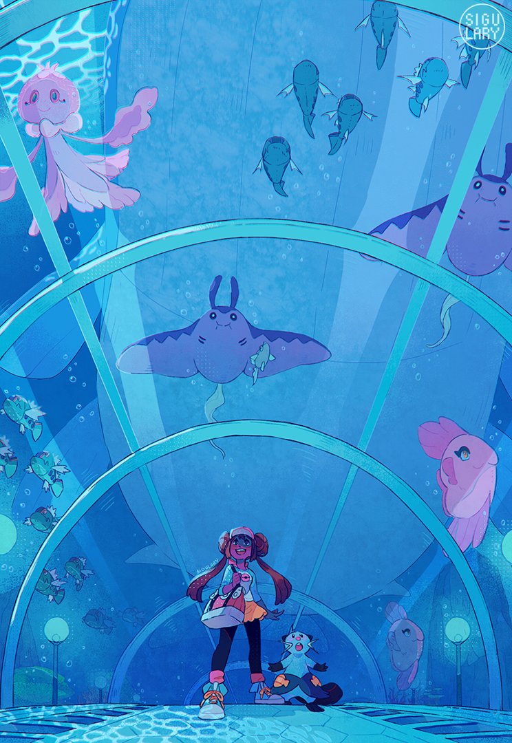 1girl air_bubble alomomola aquarium_tunnel bag basculin basculin_(blue) basculin_(red) black_pantyhose brown_hair bubble commentary dewott double_bun english_commentary frillish frillish_(female) from_below gen_2_pokemon gen_3_pokemon gen_5_pokemon hair_bun long_hair looking_up mantine nintendo open_mouth pantyhose pantyhose_under_shorts pokemon pokemon_(creature) pokemon_bw2 remoraid rosa_(pokemon) shirt shoes shorts sigulary smile sneakers standing teeth twintails visor_cap wailord yellow_shorts