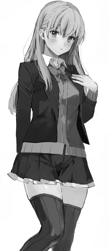 1girl blazer bow bowtie cardigan collared_shirt dress_shirt feet_out_of_frame frilled_skirt frills greyscale jacket kantai_collection long_hair monochrome neju shirt simple_background skirt solo standing suzuya_(kancolle) suzuya_kai_ni_(kancolle) thighhighs