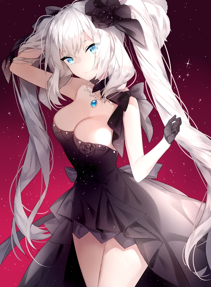 1girl black_dress black_gloves blue_eyes breasts cleavage dress fate/grand_order fate_(series) female_focus gloves jewelry large_breasts long_hair looking_at_viewer marie_antoinette_(fate) marie_antoinette_(formal_dress)_(fate) necklace official_alternate_costume pendant silver_hair smile solo sora_72-iro twintails very_long_hair