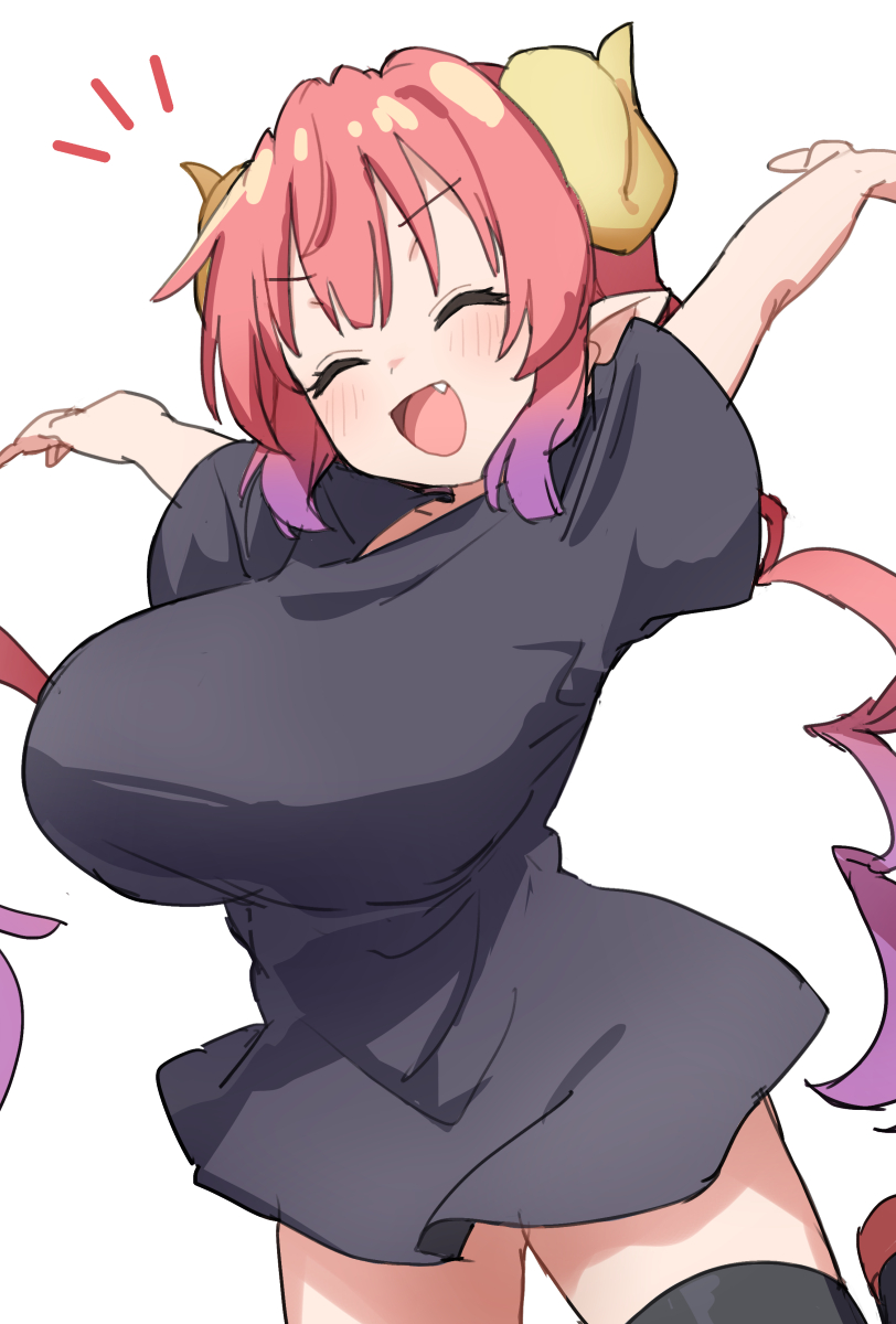1girl :d ^_^ arms_up black_shirt black_thighhighs blush breasts closed_eyes commentary dragon_girl dragon_horns fang gazacy_(dai) highres horns huge_breasts ilulu_(maidragon) kobayashi-san_chi_no_maidragon long_hair low_twintails open_mouth red_hair shirt short_sleeves shortstack simple_background smile solo t-shirt thighhighs twintails white_background yellow_horns