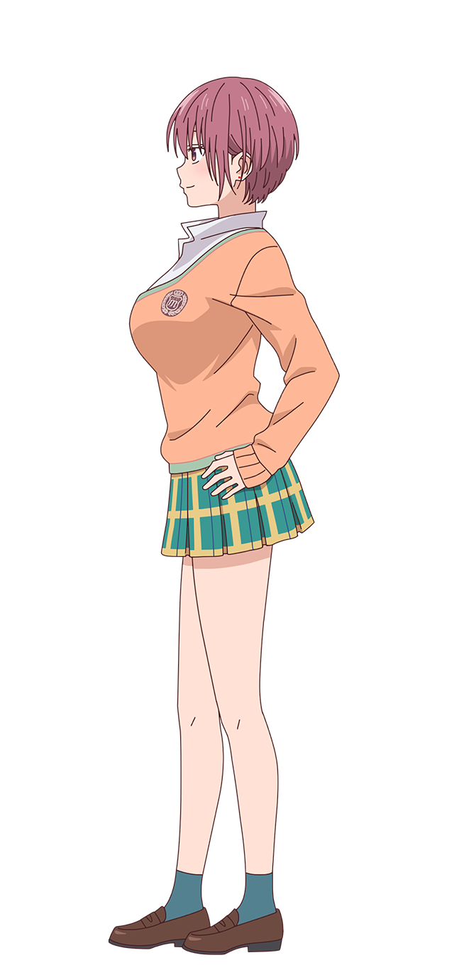 1girl ankle_socks aqua_socks blush breasts brown_shoes closed_mouth collared_shirt from_side full_body green_skirt hand_on_own_hip highres kuroiwa_medaka_ni_watashi_no_kawaii_ga_tsuujinai large_breasts light_smile loafers long_sleeves looking_ahead miniskirt nanba_tomo official_art open_collar orange_sweater pink_eyes pink_hair plaid_clothes plaid_skirt pleated_skirt school_emblem school_uniform shirt shirt_under_sweater shoes short_hair skirt socks solo standing sweater transparent_background very_short_hair white_shirt