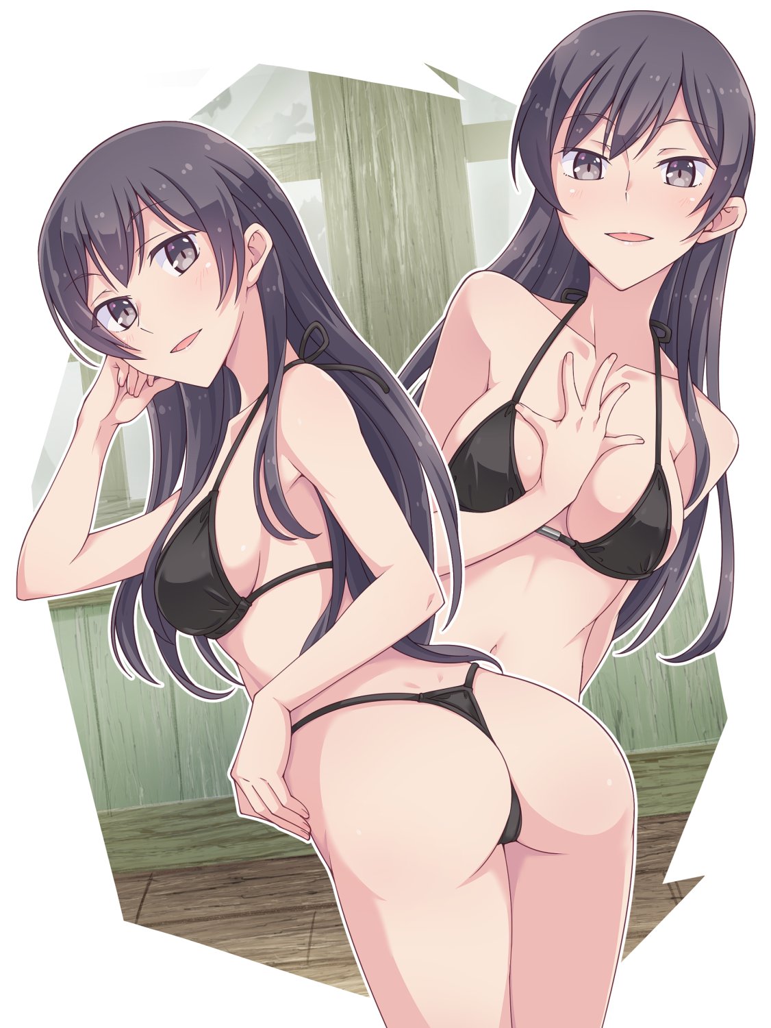 1girl :d ass bikini black_bikini black_hair breasts collarbone commentary_request e20 from_behind hand_on_own_chest highres long_hair medium_breasts multiple_views nanami_touko navel open_mouth second-party_source smile stomach swimsuit thighs tongue yagate_kimi_ni_naru