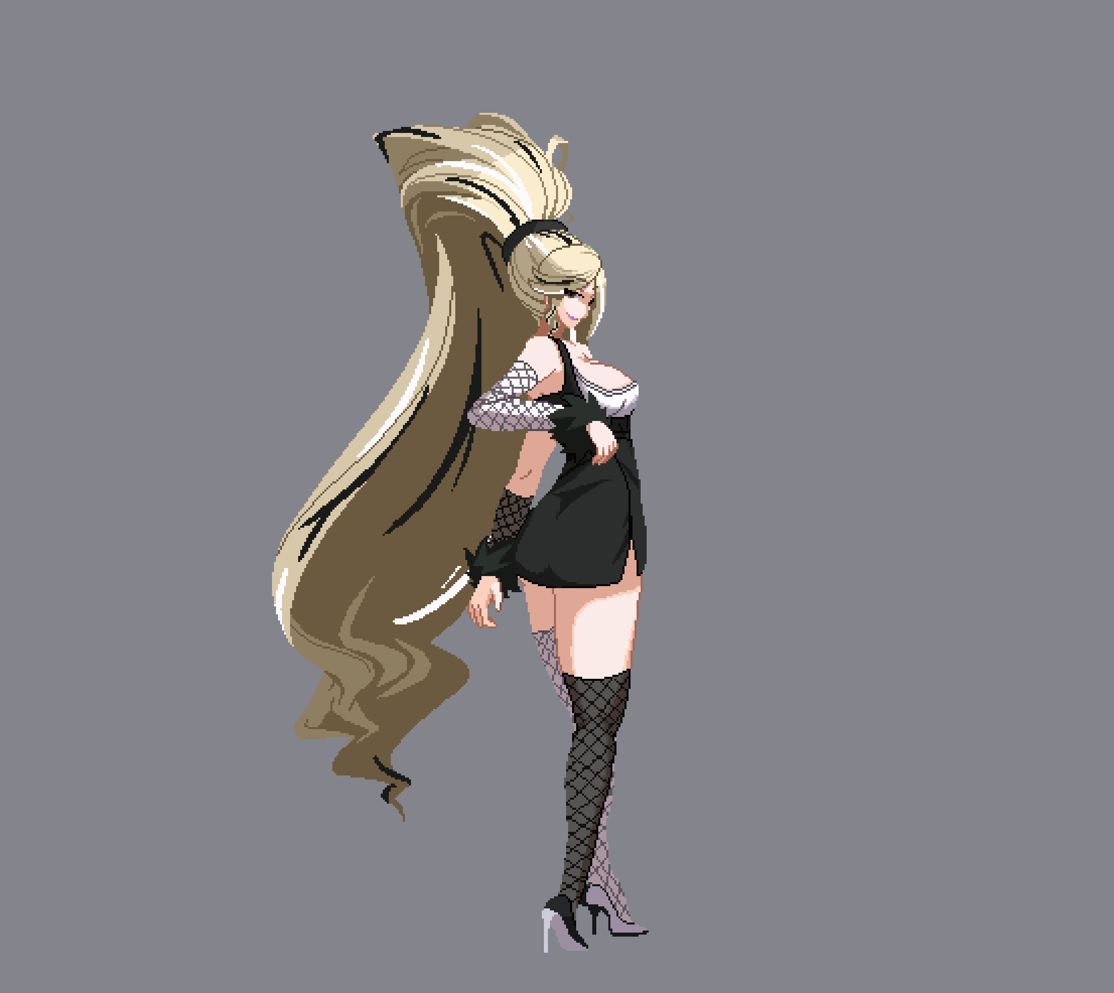 1girl absurdly_long_hair aeonimitate black_streaks blonde_hair breasts dress fishnet_gloves fishnet_thighhighs fishnets gloves grey_background highres hilda_(under_night_in-birth) large_breasts long_hair off-shoulder_dress off_shoulder ponytail simple_background solo swept_bangs thighhighs thighs two-tone_dress under_night_in-birth very_long_hair