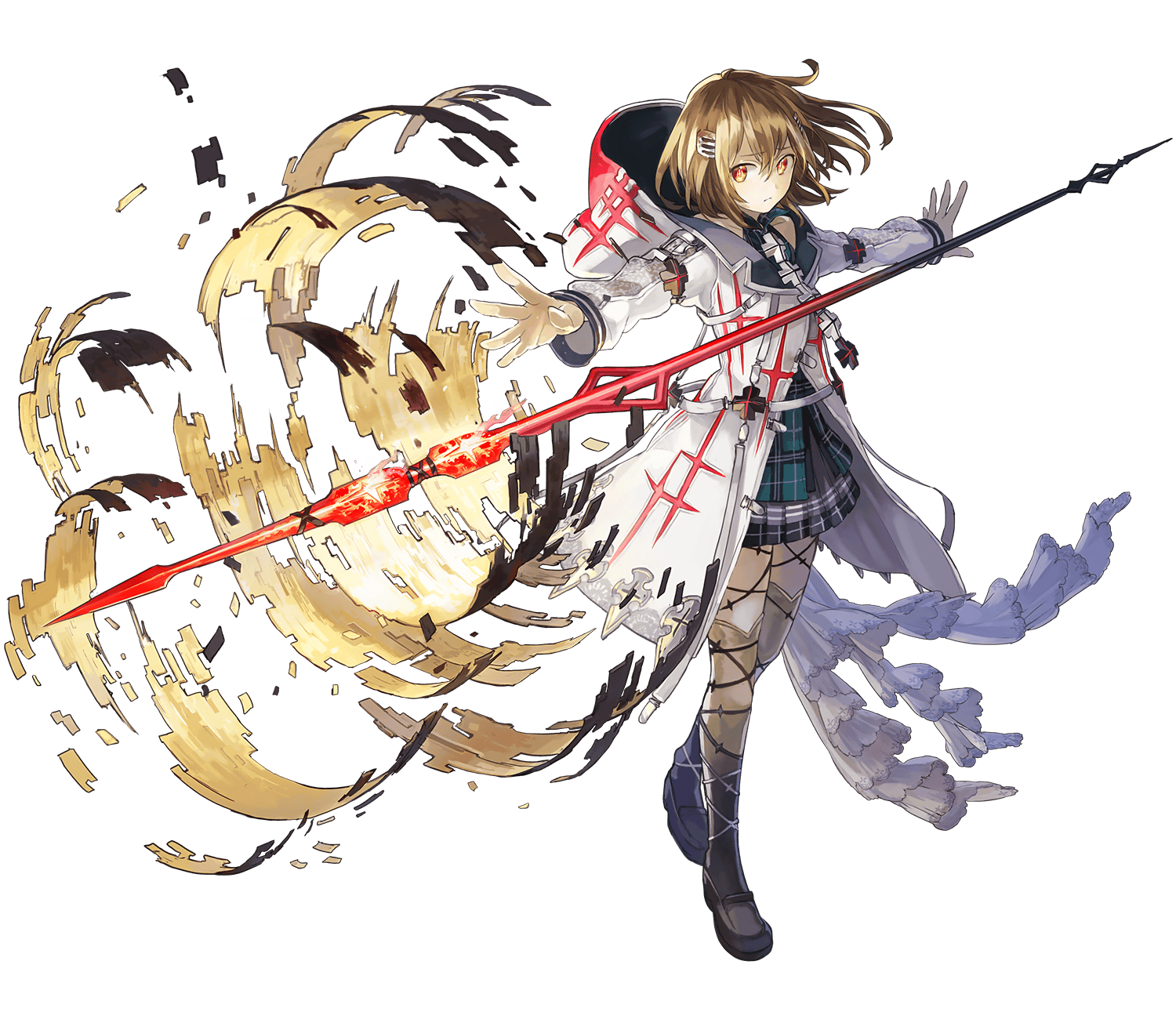 1girl closed_mouth floating floating_object floating_weapon full_body highres hood hooded_jacket jacket long_sleeves longinus_(phantom_of_the_kill) official_alternate_costume official_art outstretched_arm outstretched_arms phantom_of_the_kill plaid_clothes pleated_skirt polearm shadow simple_background skirt solo spear spread_arms standing transparent_background watarubou weapon white_jacket
