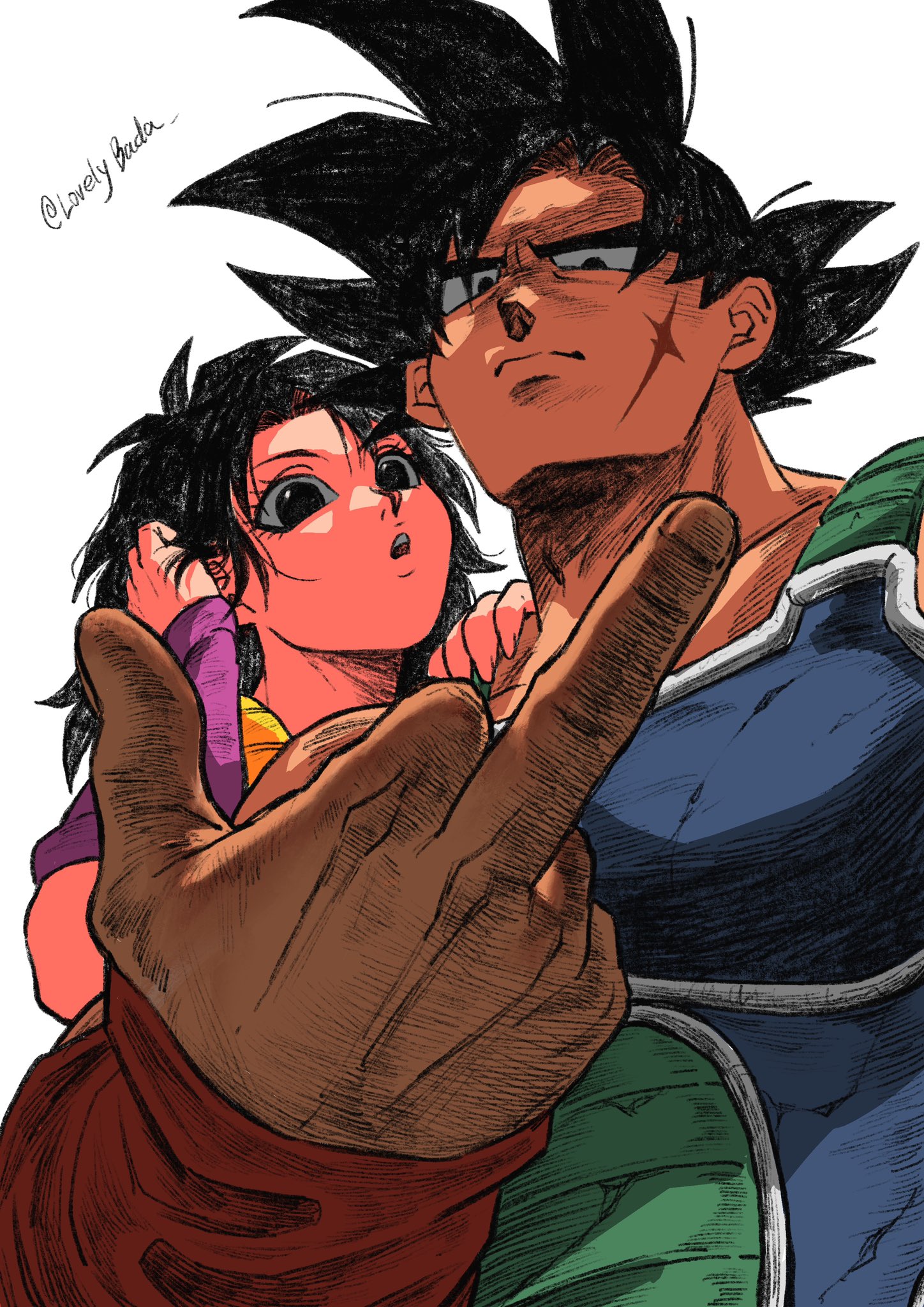 1boy 1girl adam's_apple adjusting_hair arm_warmers armor backlighting bardock black_eyes black_hair closed_mouth dragon_ball dragon_ball_minus eyelashes facial_scar fingernails foreshortening from_below frown gine hand_focus hand_on_another's_shoulder hand_up highres looking_at_viewer looking_down lovelybada medium_hair middle_finger parted_bangs parted_lips pink_arm_warmers realistic red_arm_warmers saiyan_armor scar scar_on_cheek scar_on_face serious shade simple_background spiked_hair tsurime twitter_username white_background