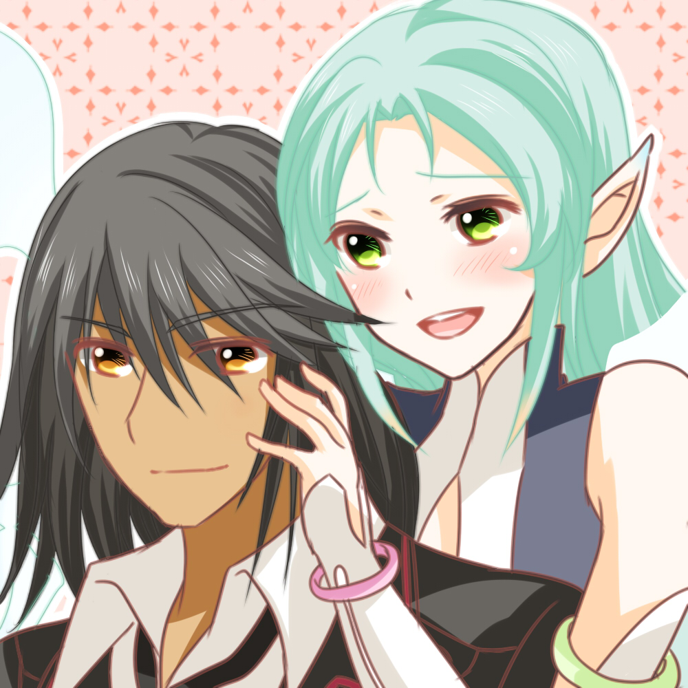 1boy 1girl aqua_hair bare_shoulders black_hair blush bracelet coat dark_skin detached_sleeves dress gaius_(tales) green_eyes jewelry long_hair muzet_(tales) necktie open_mouth orange_eyes pointy_ears short_hair simple_background smile tales_of_(series) tales_of_xillia tales_of_xillia_2 wings