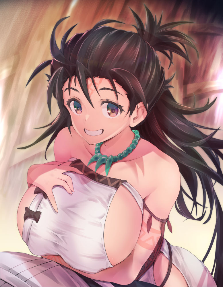 1boy 1girl asahi_(fullmetal_madness) bare_shoulders body_markings breasts brown_eyes brown_hair dress facial_mark fate/grand_order fate_(series) forehead forehead_mark grin hetero himiko_(fate) himiko_(first_ascension)_(fate) huge_breasts jewelry long_hair looking_at_viewer magatama magatama_necklace necklace paizuri sash side_slit sideboob smile solo_focus topknot twintails white_dress
