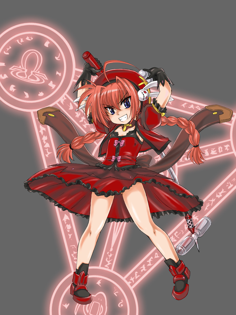 1girl ahoge armor beret black_gloves blue_eyes bow braid bustier cropped_jacket detached_collar dress female_focus frills gloves graf_eisen greaves grin hair_intakes hair_ornament hammer hat highres holding holding_weapon jacket long_hair looking_at_viewer lyrical_nanoha magic_circle magical_girl open_clothes open_jacket puffy_short_sleeves puffy_sleeves rabbit_hair_ornament red_dress red_hair red_hat red_shirt red_shoes shirt shoes short_sleeves smile solo standing twin_braids vita_(nanoha) wan&#039;yan_aguda weapon wind wind_lift x_hair_ornament
