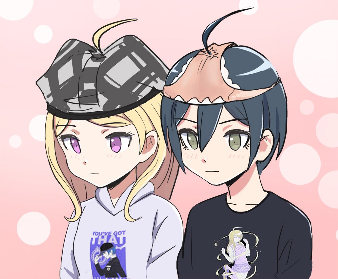 2girls ahoge akamatsu_kaede alternate_costume black_shirt blonde_hair blush boxers boxers_on_head brown_eyes character_print closed_mouth clothes_writing collarbone danganronpa_(series) danganronpa_v3:_killing_harmony english_text frown green_eyes grey_boxers grey_hoodie grey_male_underwear hair_between_eyes hood hood_down hoodie hoodie_writing long_hair male_underwear male_underwear_on_head multiple_girls object_on_head panties panties_on_head pink_background pink_panties plaid_boxers plaid_clothes plaid_male_underwear plaid_underwear print_boxers print_clothes print_hoodie print_male_underwear print_shirt print_underwear purple_eyes purple_hoodie qosic saihara_shuichi shirt shirt_writing short_hair simple_background t-shirt underwear underwear_on_head