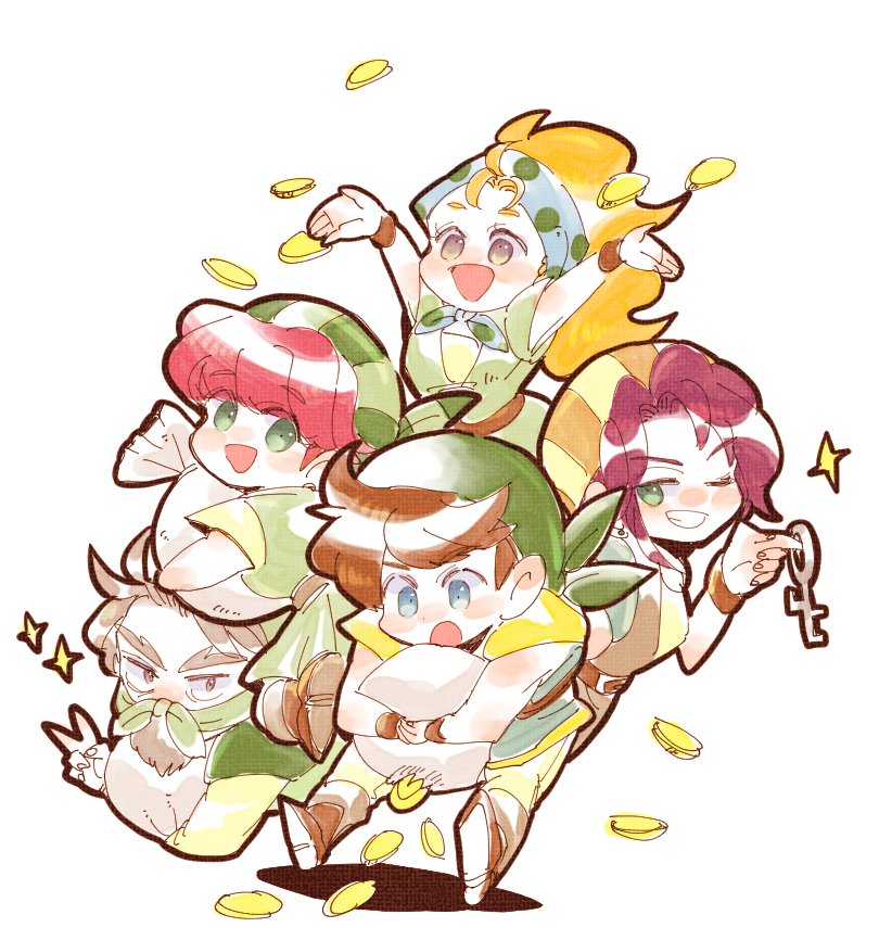 2boys 3girls bartz_klauser blonde_hair boots brown_hair coin faris_scherwiz final_fantasy final_fantasy_v galuf_halm_baldesion krile_mayer_baldesion_(ff5) lenna_charlotte_tycoon multiple_boys multiple_girls pink_hair sack saitou_piyoko skirt thief thief_(final_fantasy) v