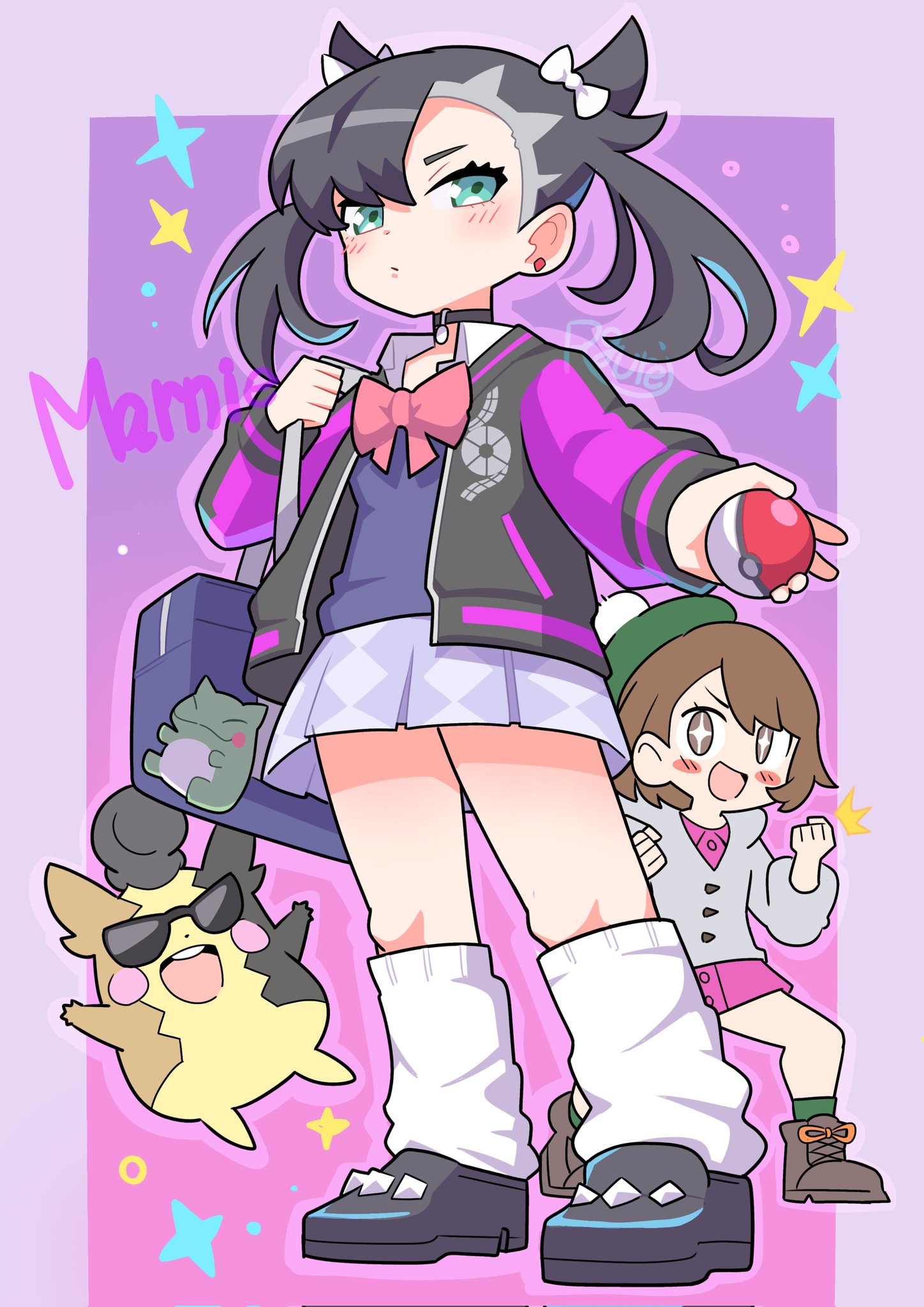 :d artist_name asymmetrical_bangs bag black_choker black_hair black_shoes blush bow bowtie brown_eyes brown_hair brown_shoes cardigan character_name choker closed_mouth dress full_body gen_8_pokemon gloria_(pokemon) green_eyes green_hat green_socks grey_cardigan hair_bow hat highres holding holding_bag holding_poke_ball jacket kneehighs looking_at_viewer marnie_(academy)_(pokemon) marnie_(pokemon) morpeko morpeko_(full) nintendo official_alternate_costume open_clothes open_jacket open_mouth pink_bow pink_bowtie pink_dress poke_ball poke_ball_(basic) pokemon pokemon_(creature) pokemon_masters_ex pokemon_swsh rgurei0529 school_bag school_uniform shoes signature skirt smile socks star-shaped_pupils star_(symbol) substitute_(pokemon) sunglasses symbol-shaped_pupils twintails white_bow white_socks