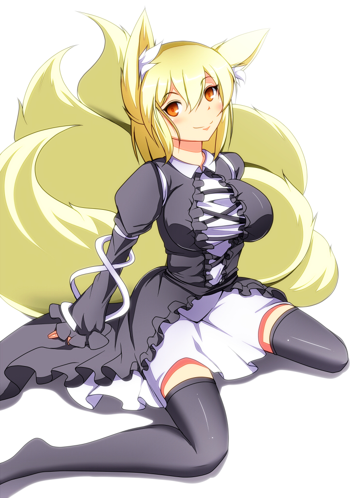 1girl animal_ears arms_behind_back black_thighhighs blonde_hair breasts cosplay dress female_focus fox_ears fox_tail hijiri_byakuren hijiri_byakuren_(cosplay) juliet_sleeves large_breasts layered_dress long_sleeves looking_at_viewer merry_(diameri) multiple_tails no_shoes orange_eyes puffy_sleeves shadow short_hair simple_background sitting sleeves_past_wrists smile solo tail thighhighs touhou wariza white_background yakumo_ran