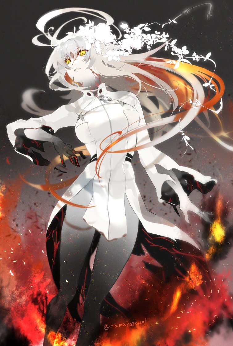 1girl breasts commentary_request dark_persona fate/grand_order fate_(series) feet_out_of_frame fujimaru_ritsuka_(female) grey_hair hair_between_eyes hanako_(onikutabetaiyo) long_hair looking_at_viewer medium_breasts orange_hair solo twitter_username yellow_eyes
