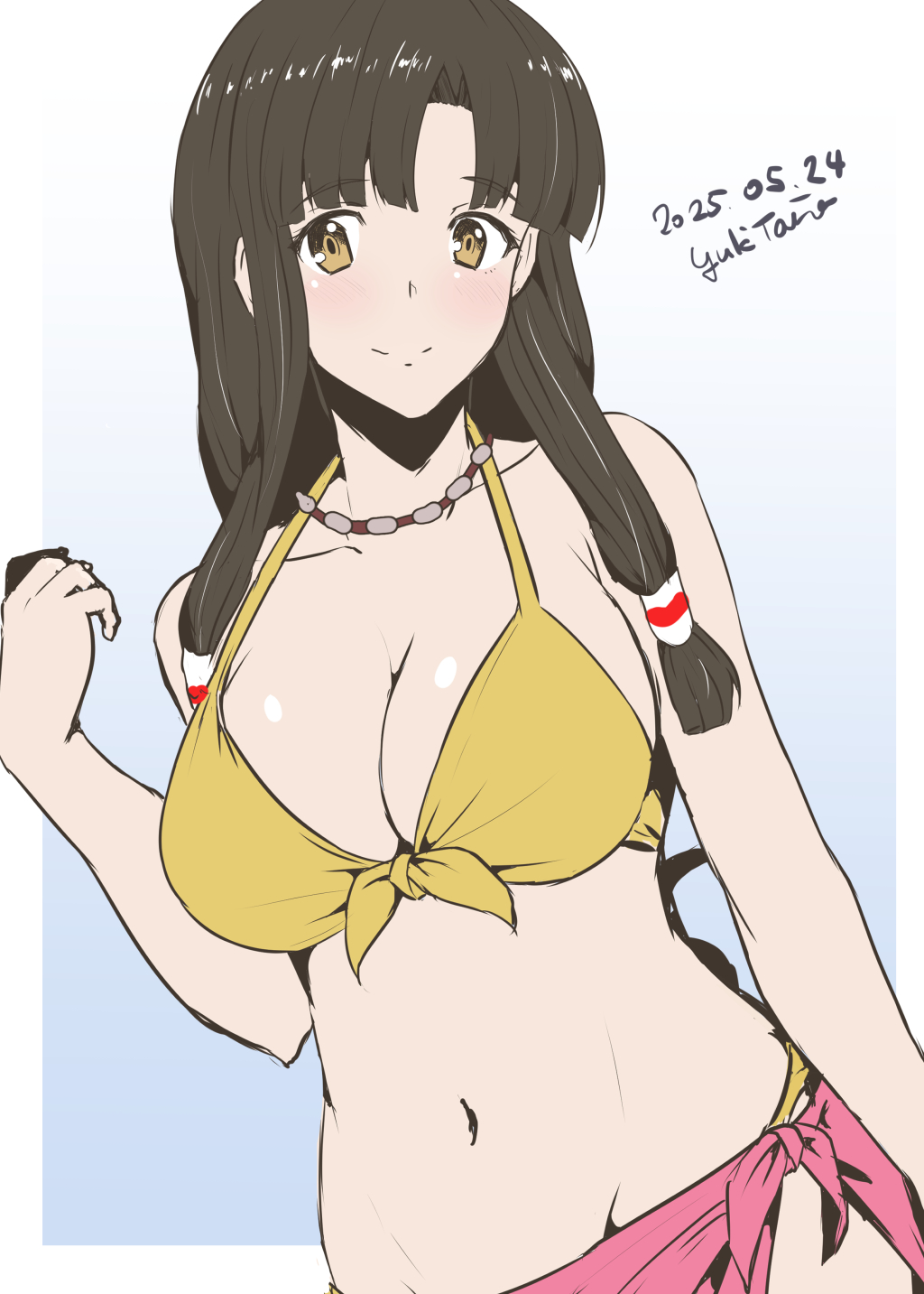 1girl artist_name bikini breasts brown_eyes brown_hair cleavage cowboy_shot dated foreshortening groin hair_tubes highres jewelry large_breasts long_hair looking_at_viewer navel necklace pink_sarong saaya_(suisei_no_gargantia) sarong smile solo suisei_no_gargantia swimsuit taira_yuuki yellow_bikini